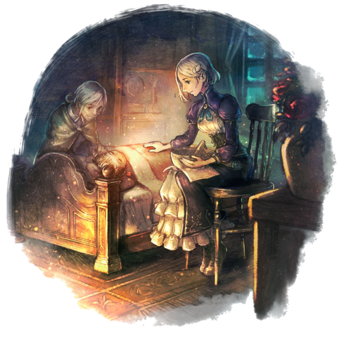 Art from Octopath Traveler 0, showing a woman with a blonde bob leaning over a bed with a sick patient.