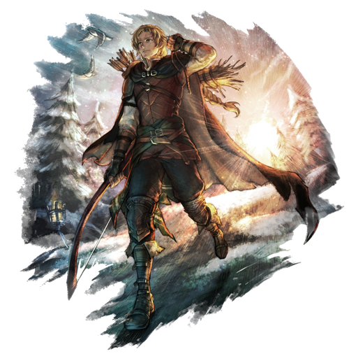 Phenn, a man with long blonde hair in a braid with a hunter's tunic. He reaches for arrows on his back with the sun behind him.