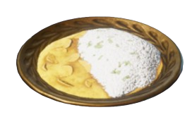 A food dish from Enshrouded showing a plate with half plantain and half white rice.