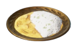 A food dish from Enshrouded showing a plate with half plantain and half white rice.