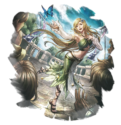 Saoirse, a woman with long blonde hair, reaches out for a blue butterfly in this Octopath Traveler 0 art.