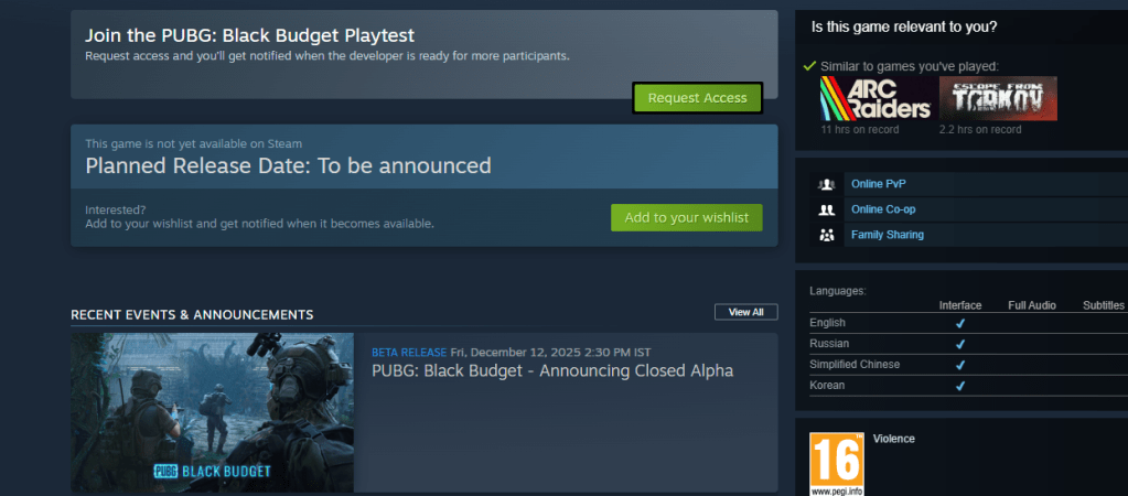 PUBG Black Budget Steam Page
