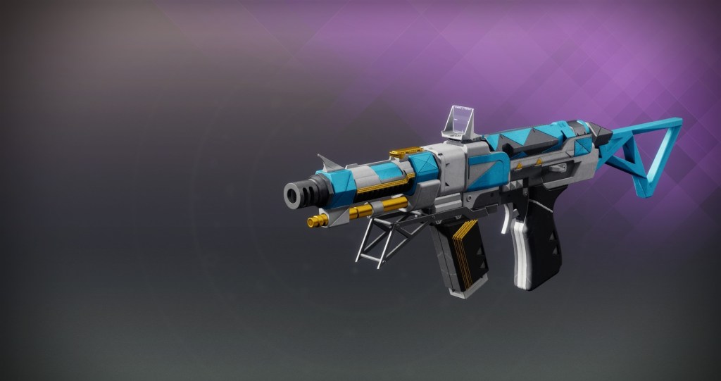 The Seraphine Haze SMG in Destiny 2, seen with a Warmind-esque pattern in blue, yellow, and light gray.