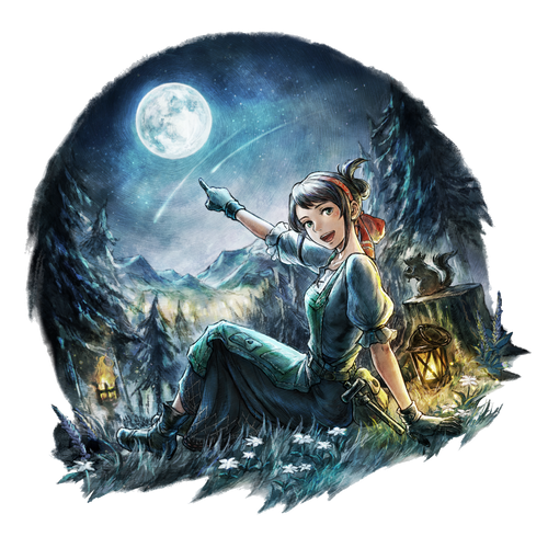 A dark-haired woman wearing a red headband sits in a grass field and points up to the sky with the moon in the background.