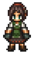 A pixelated woman with dark hair, a red headband, and a green shirt.