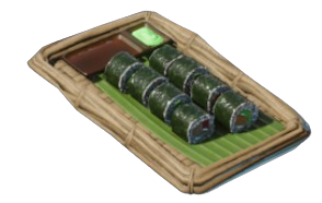 A bamboo plate with cut-up rolls of Sushi on it in Enshrouded.
