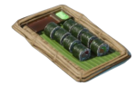 A bamboo plate with cut-up rolls of Sushi on it in Enshrouded.
