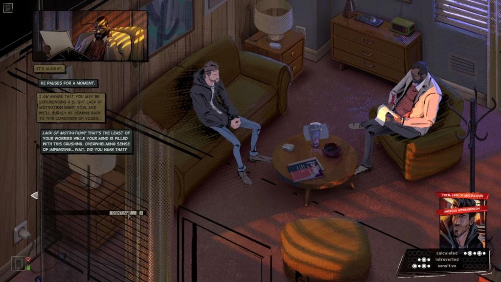 Eugene sits on a couch talking to his therapist in Rue Valley.