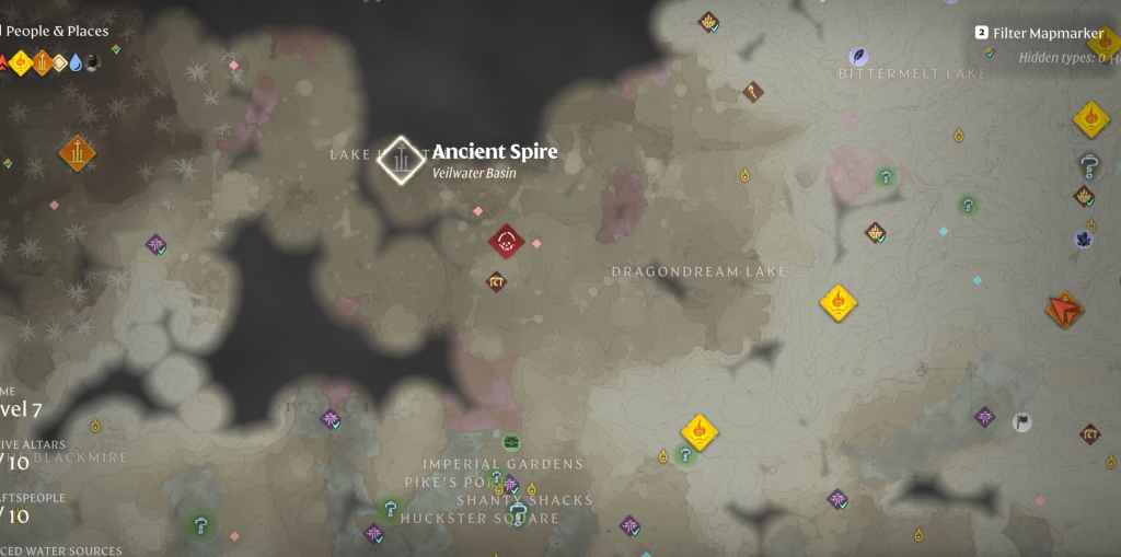 A map of the Veilwater Basin, showing various points of interesting, including the Ancient Spire.