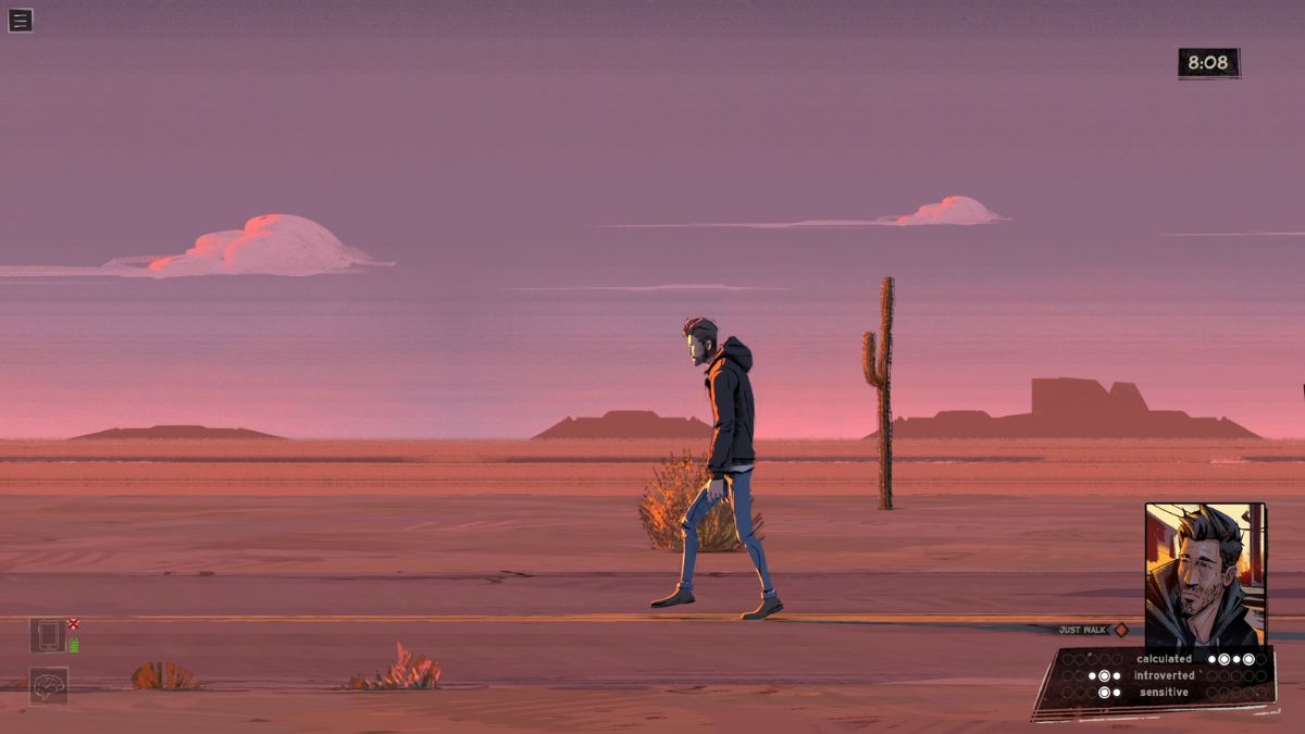 The player character, Eugene Harrow, walks along the road as the sun sets in Rue Valley.