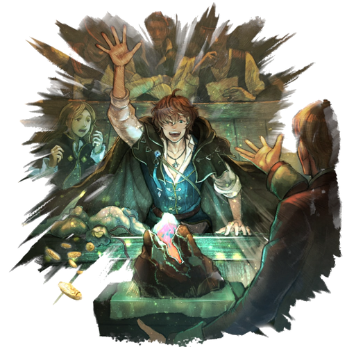 A young man with his hand outstretched high above his head leans over a table with a jewel on it.