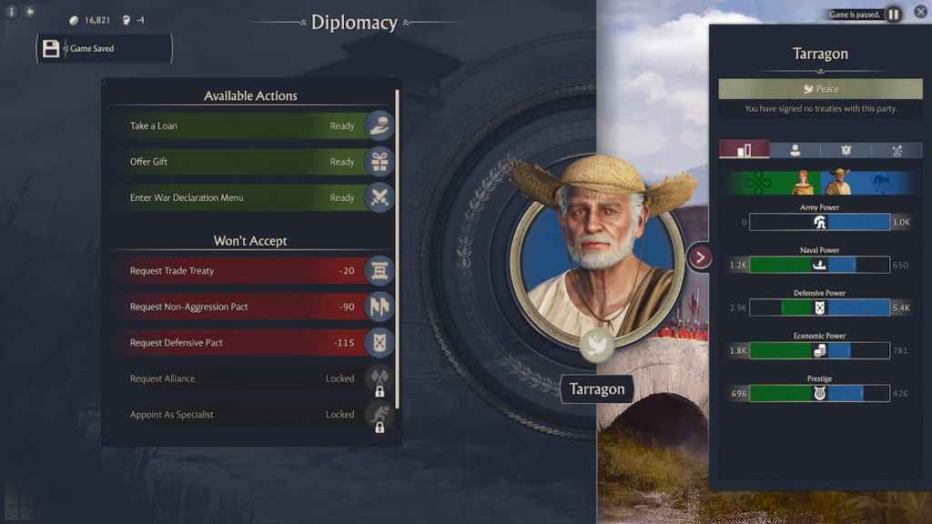 A diplomacy screen in Anno 117 Pax romana. 