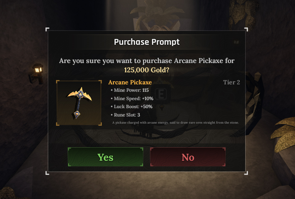 arcane pickaxe stats and cost in the forge