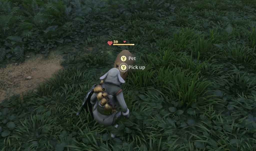 A screenshot from Enshrouded showing the player character crouching to tame a capybara in front of it. The capybara has a yellow health bar and red hearts next to it.