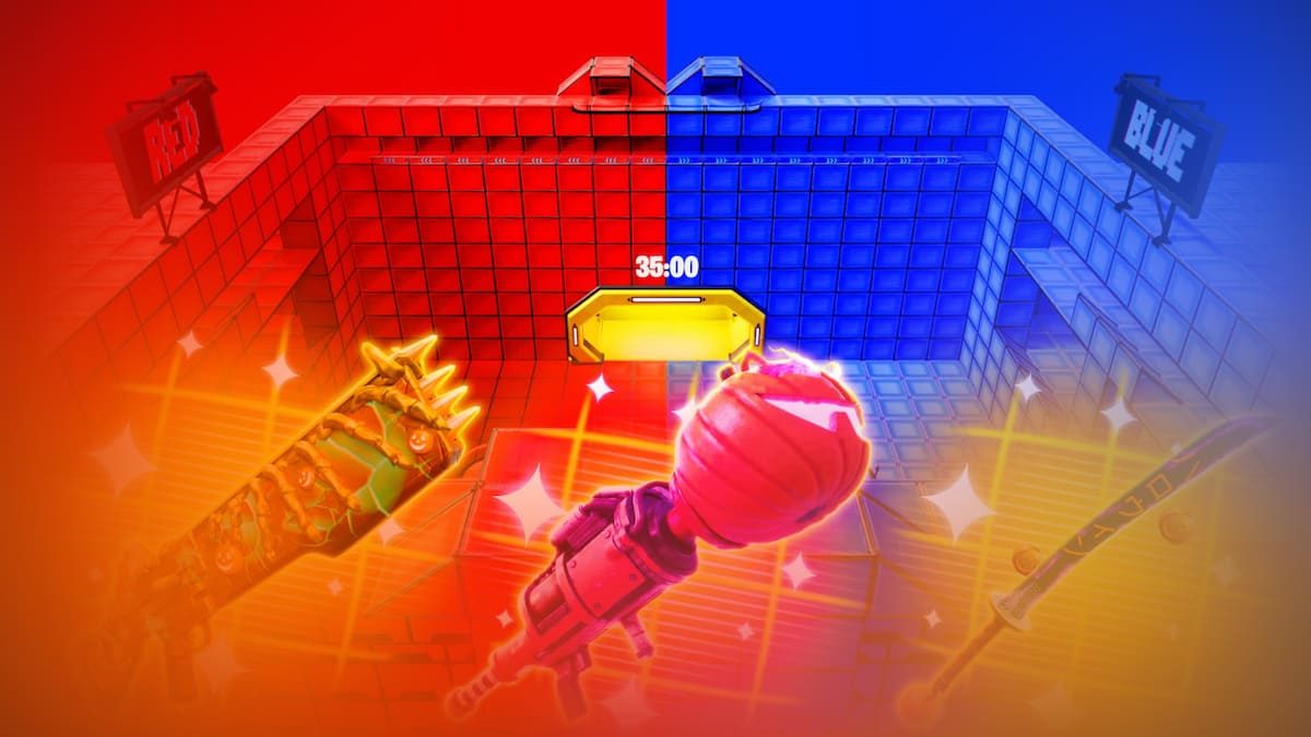 Promo image for Crazy Red vs Blue custom Fortnite map.