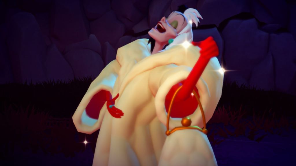 Cruella laughing in disney dreamlight valley