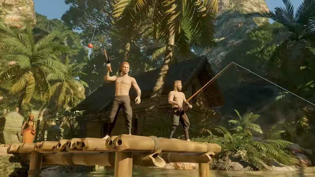 Two characters fishing in Enshrouded