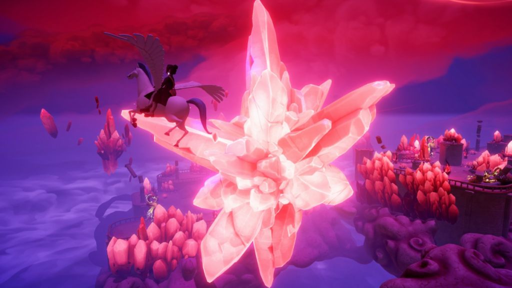 Flying on pegasus by crystals in disney dreamlight valley