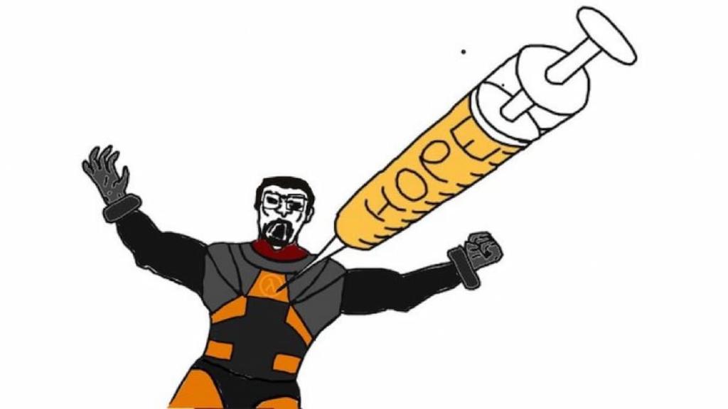 Gordon Freeman excitedly outstretching his arms with a syringe going into his chest. 