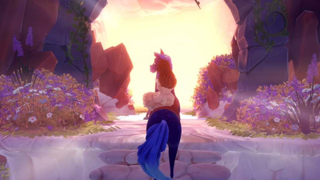 Riding horse into first crystal cavern in disney dreamlight valley