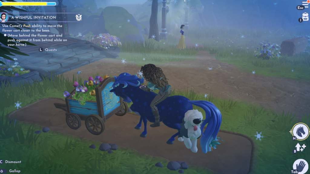pushing flower cart while riding horse in disney dreamlight valley