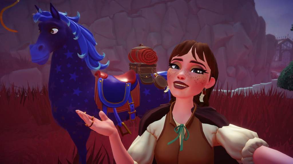 Horse wearing snow white's saddle in disney dreamlight valley