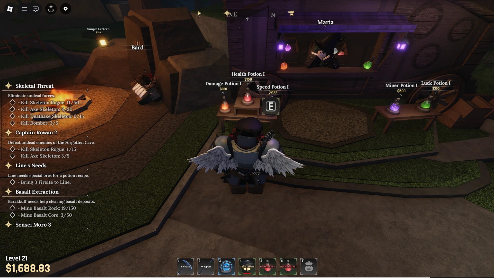 A player showing where to buy the Health Potion I at Maria's potion shop on Stonewake's Cross in The Forge Roblox experience.