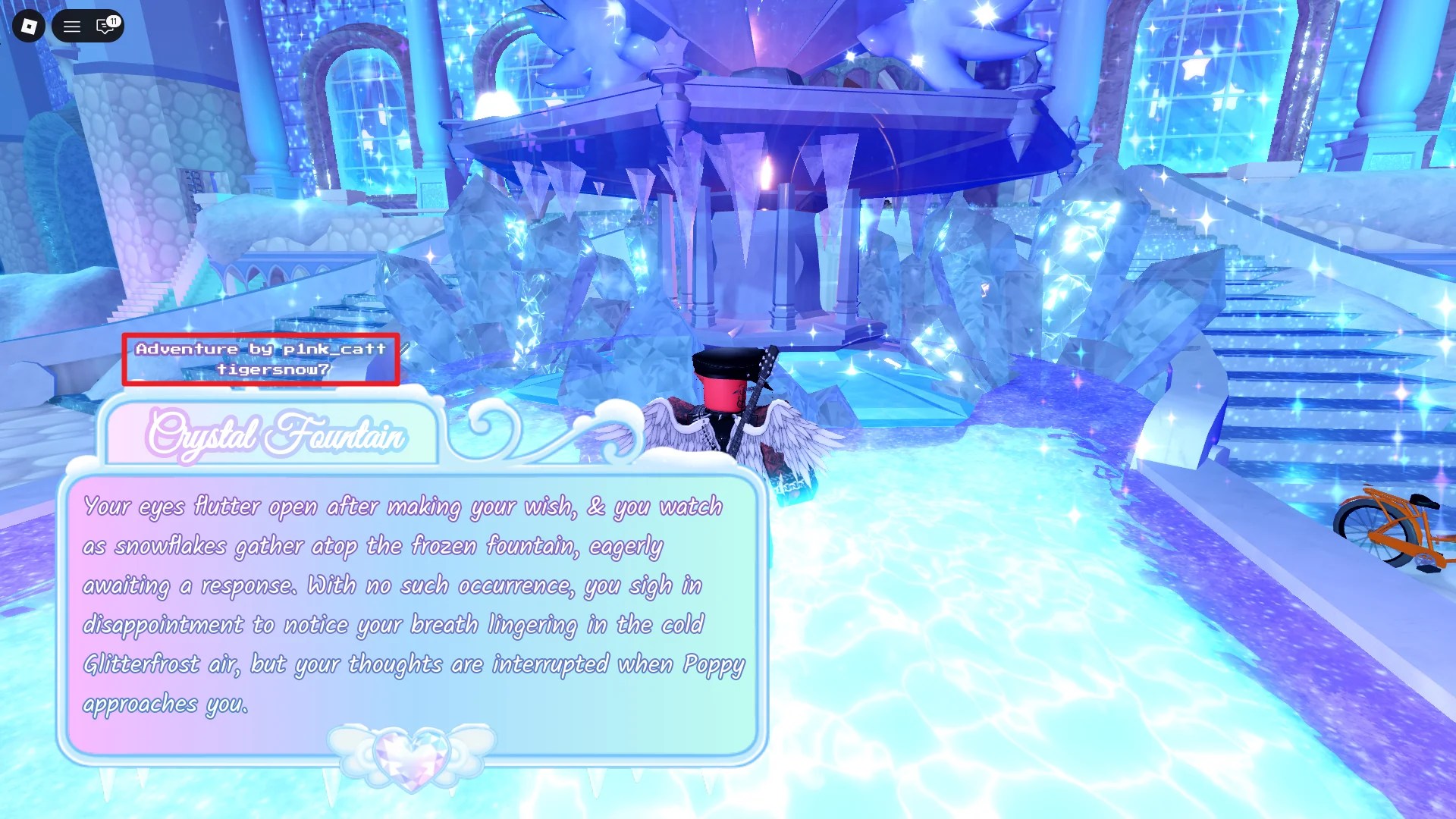 Preview of the location of the story author names when making a wish at the Crystal Fountain during the Glitterfrost 2025 event in Royale High Roblox experience.