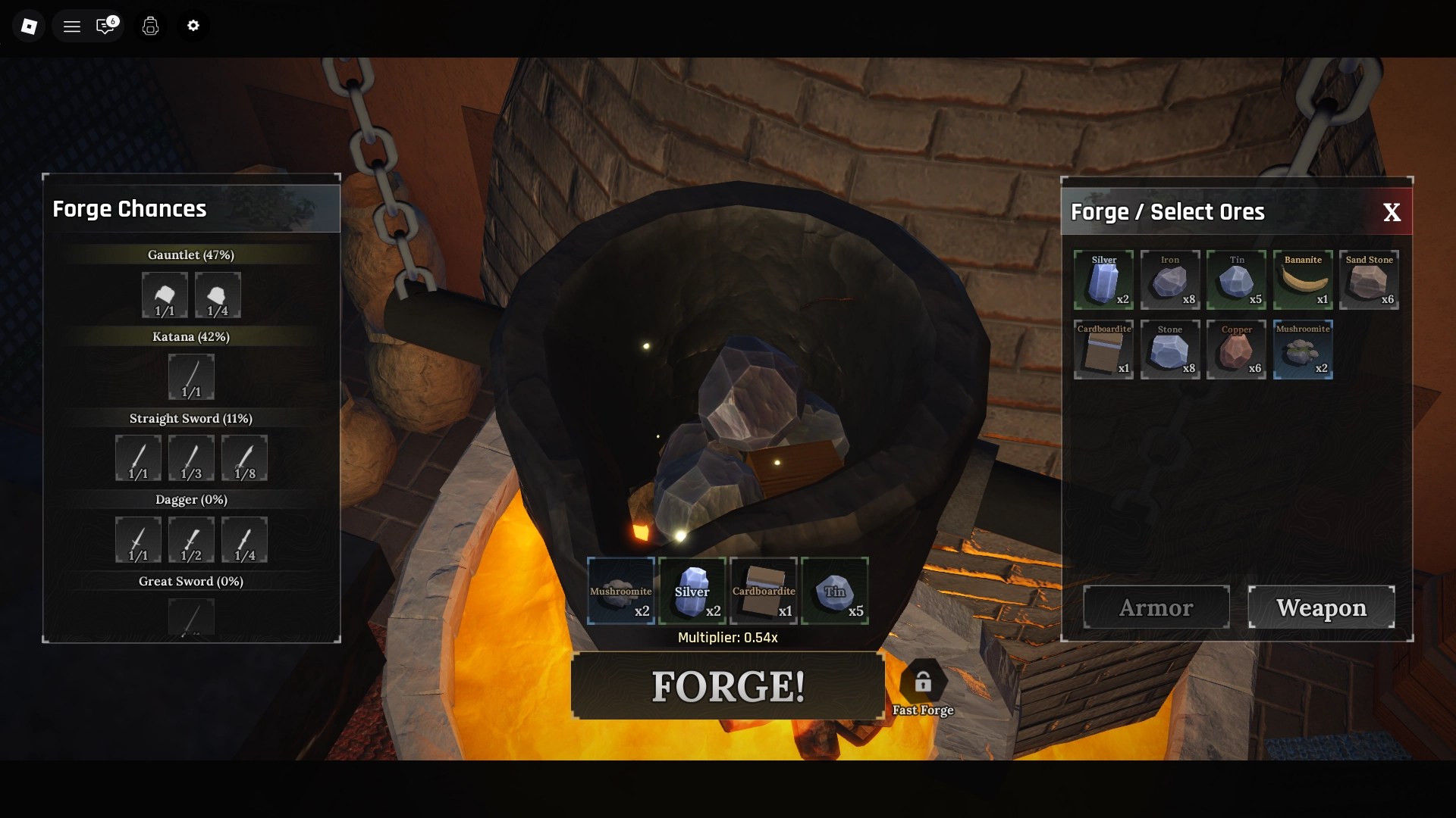 A player showing how to forge weapons in The Forge Roblox experience.