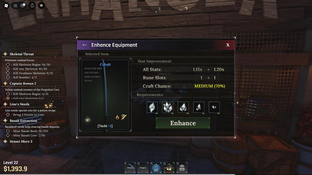 Preview of the weapon enhance menu in The Forge Roblox experience.