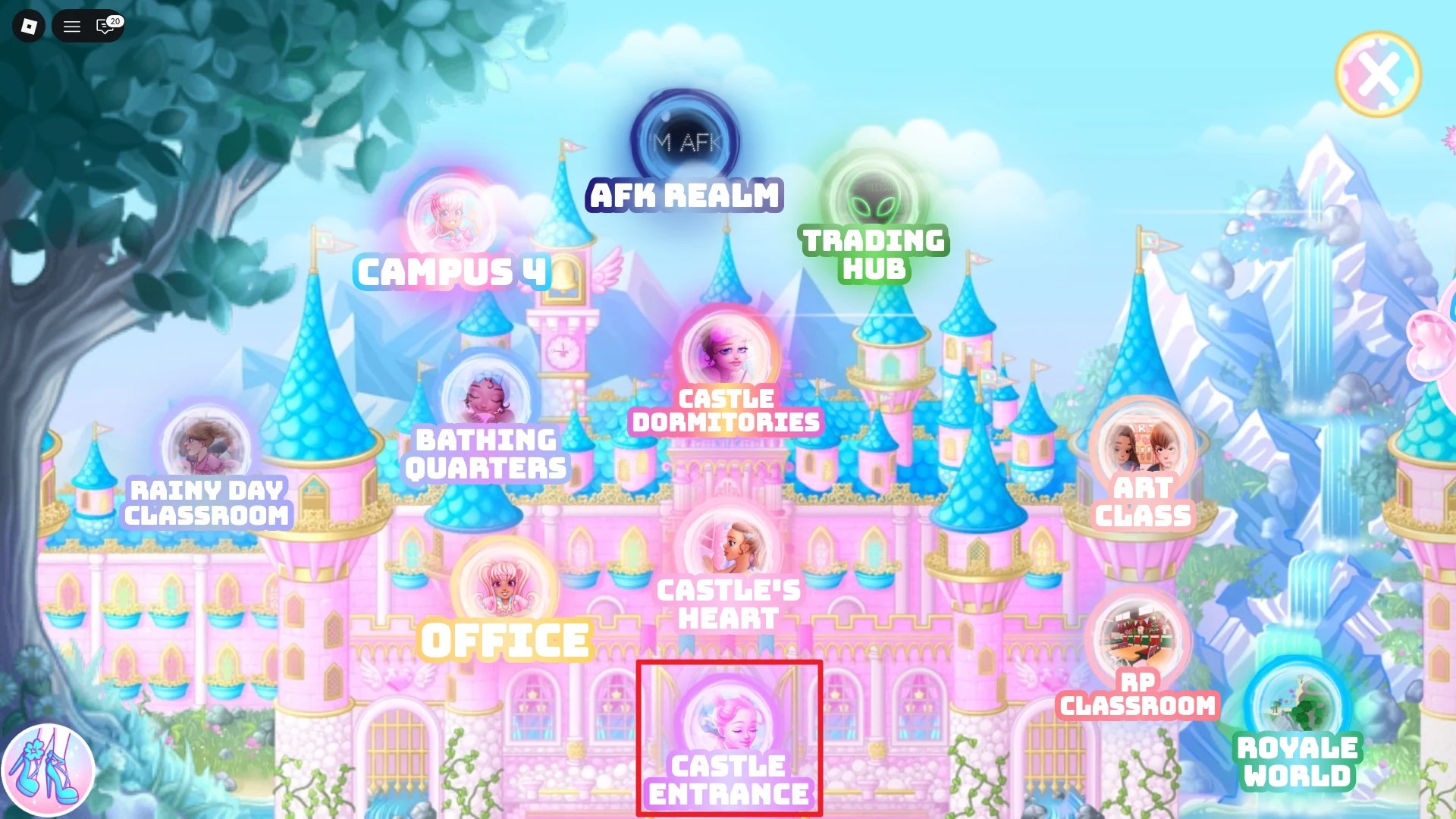 Showcase of the World menu in Royale High Roblox experience.