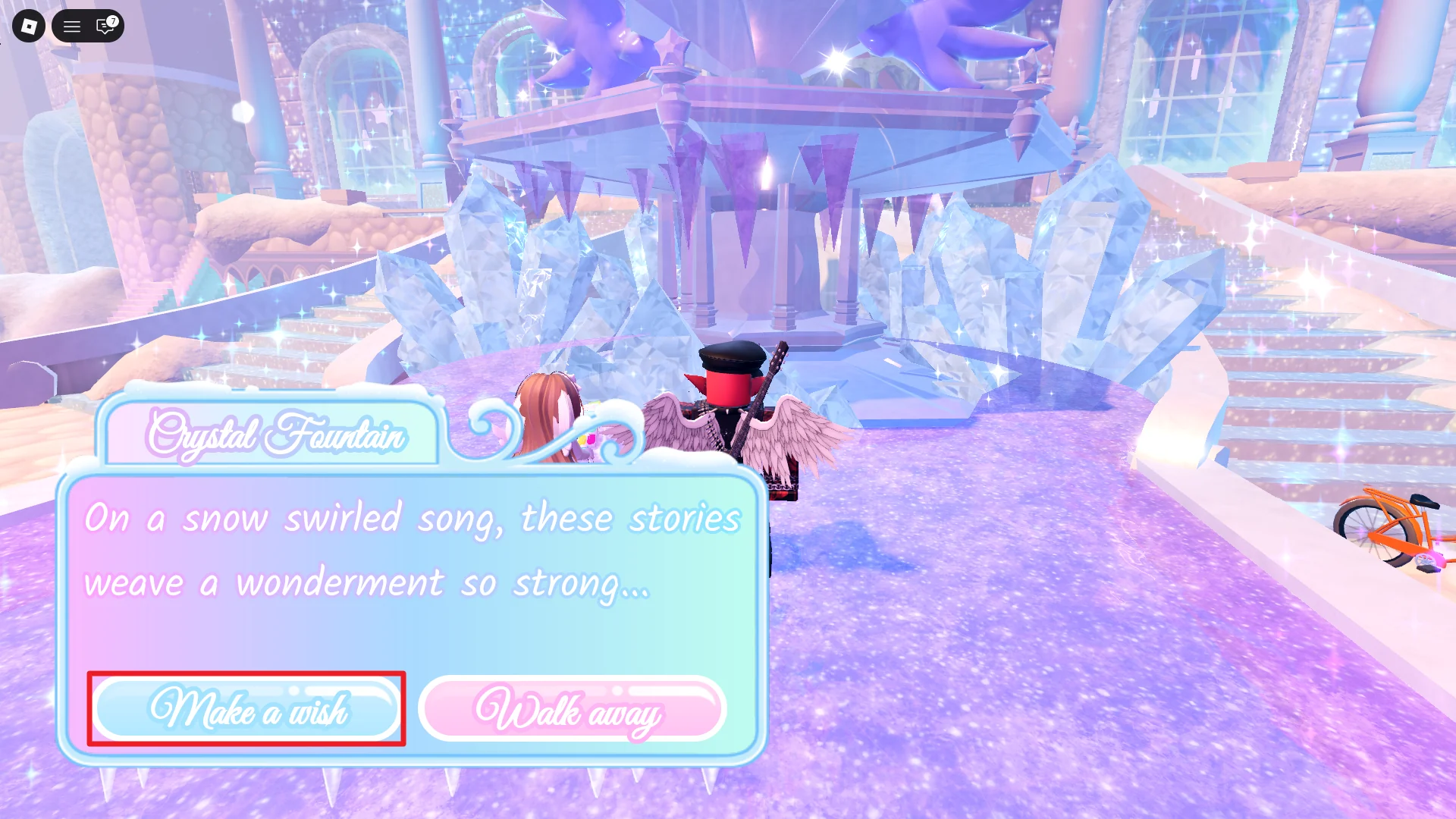 A player wishing on the Crystal Fountain in Royale High.
