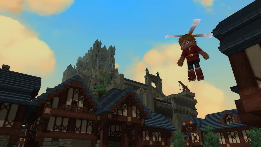 A character flying around with a helicopter device on their head in Hytale. 