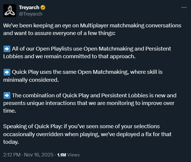 Treyarch post about BO7 SBMM