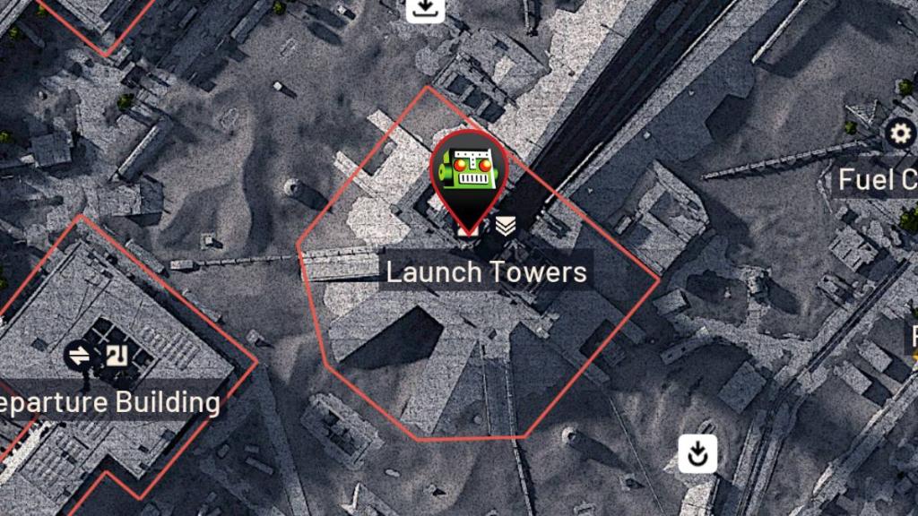 Launch towers on a 3D rendering of the spaceport map in ARC Raiders. 