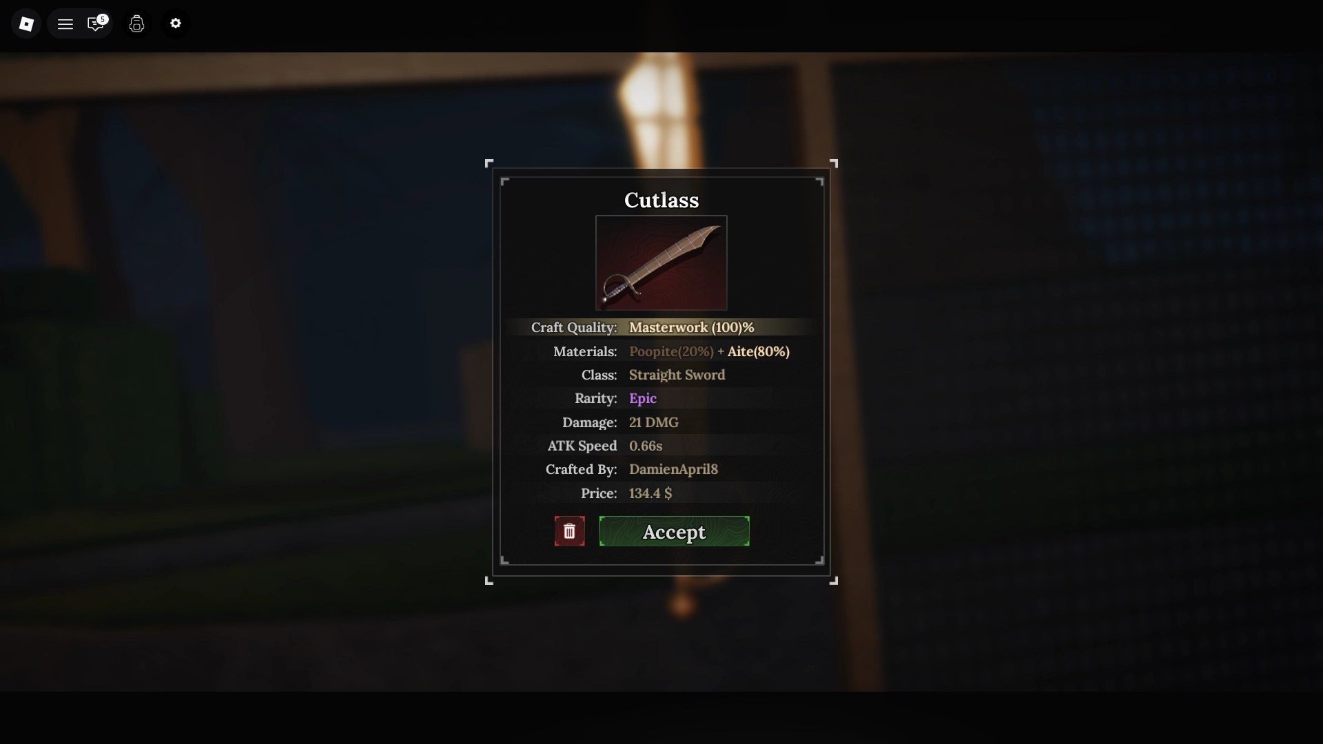Exemplo de uma arma forjada obra-prima na experiência The Forge Roblox.