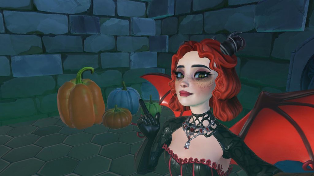 pointing at a blue pumpkin in disney dreamlight valley