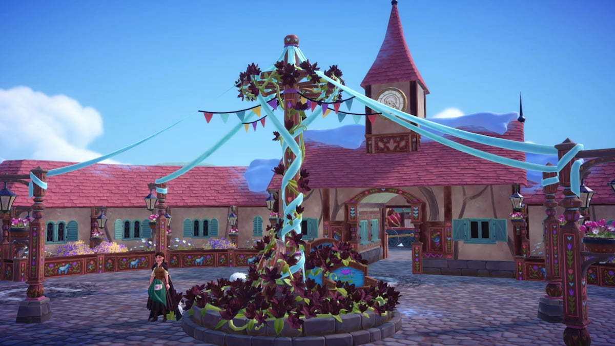 Standing next to a repaired careblossom topiary in disney dreamlight valley