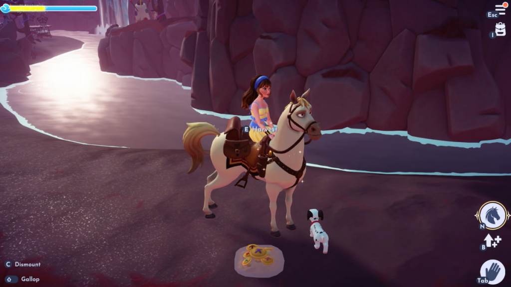 Riding a horse by a button mushroom in disney dreamlight valley