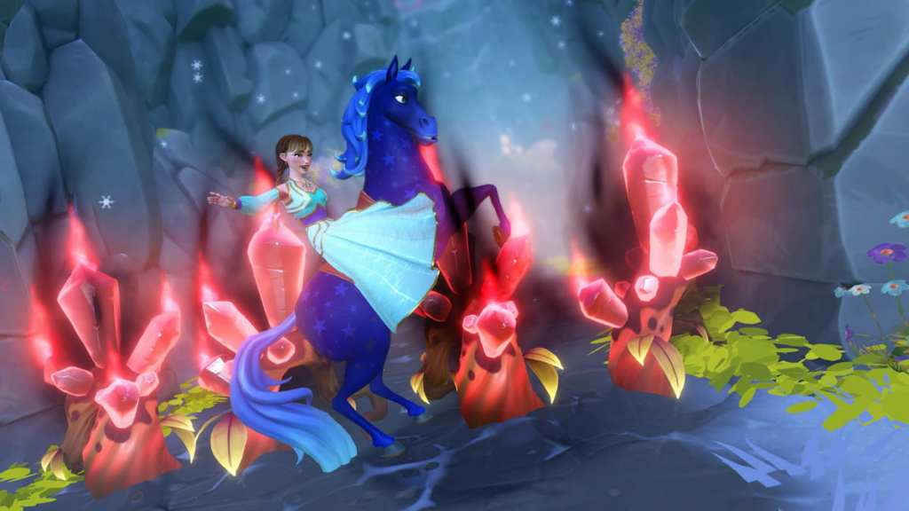 Riding a blue horse by some glowing red crystals in disney dreamlight valley