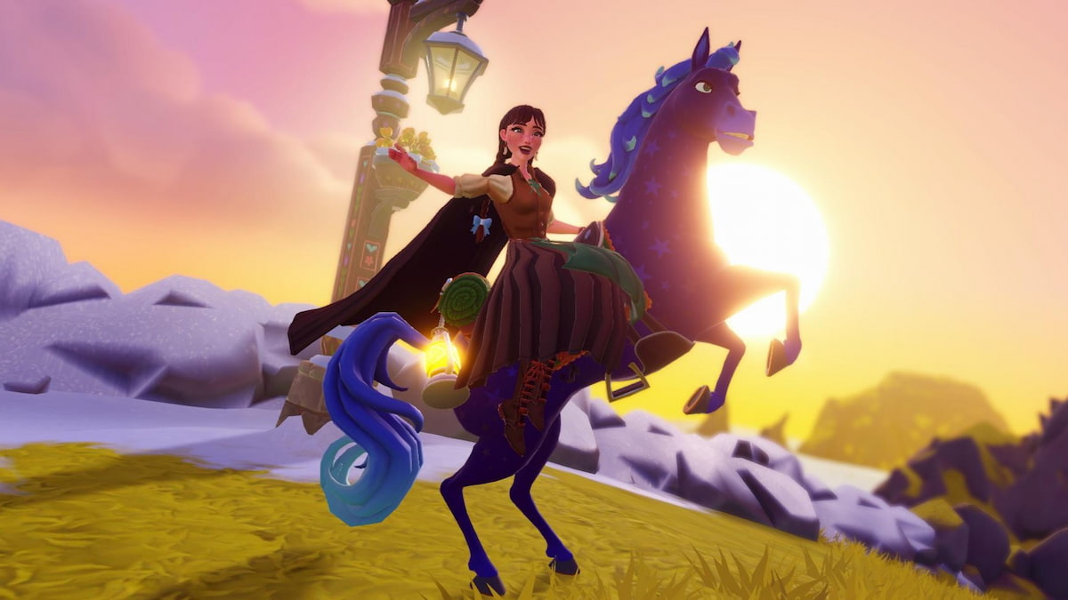 Riding a horse in front of a sunset in disney dreamlight valley