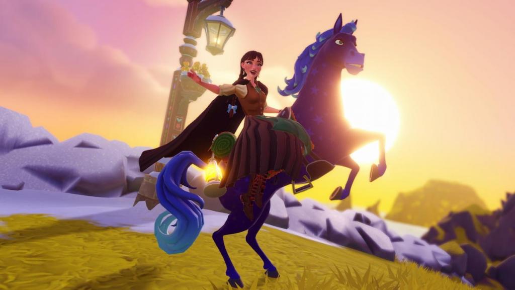 Riding a horse in front of a sunset in disney dreamlight valley