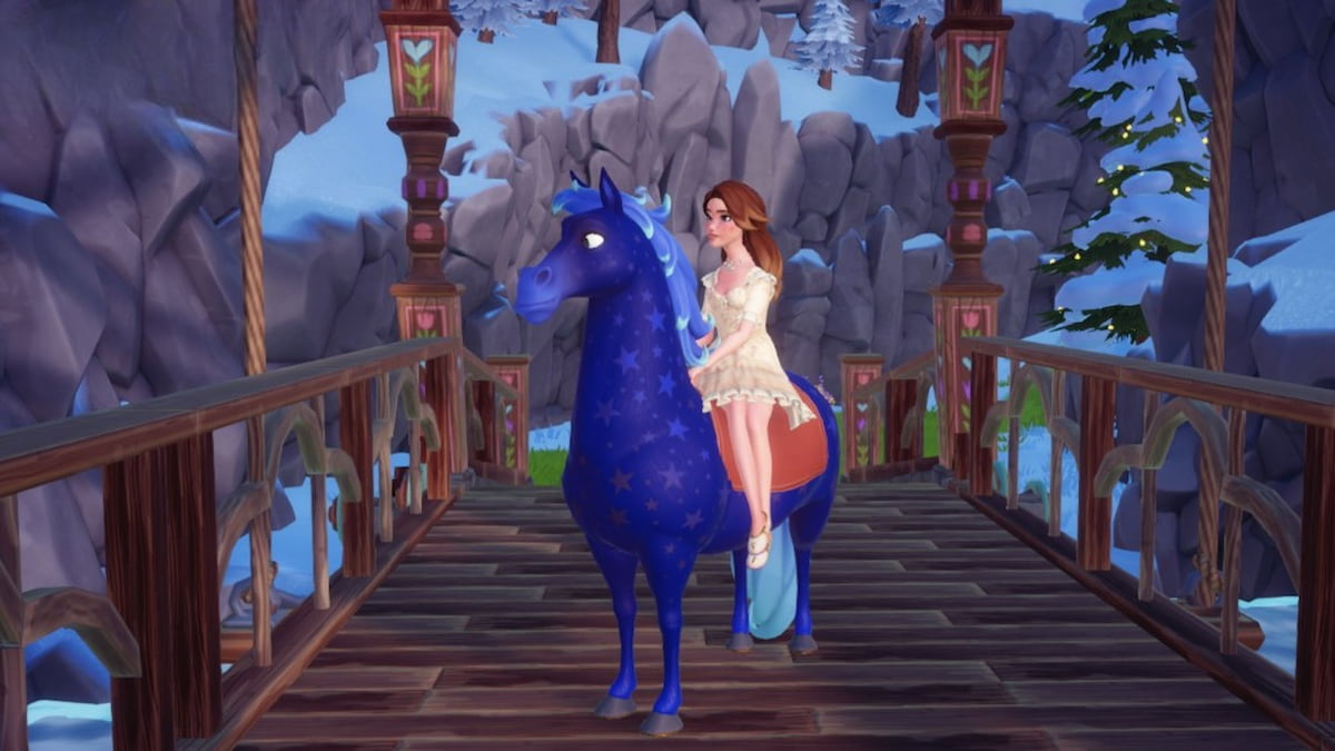 Riding a blue horse on a bridge in disney dreamlight valley