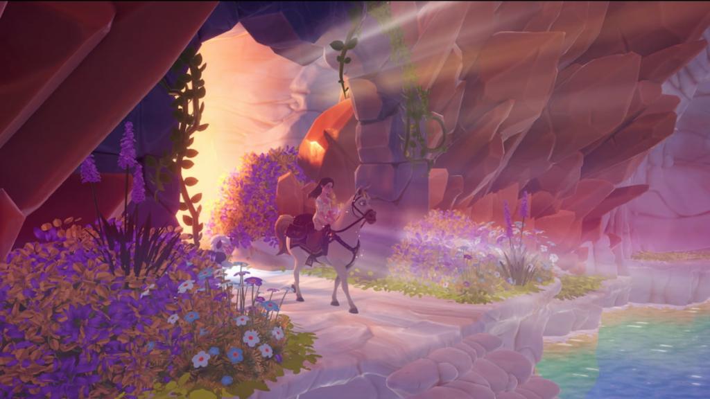 Walking out of lit cave riding maximus in disney dreamlight valley