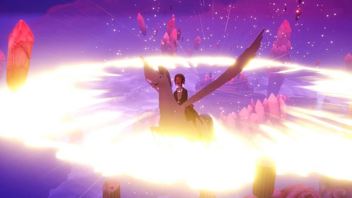 Riding Pegasus over a breaking crystal in the sky in disney dreamlight valley