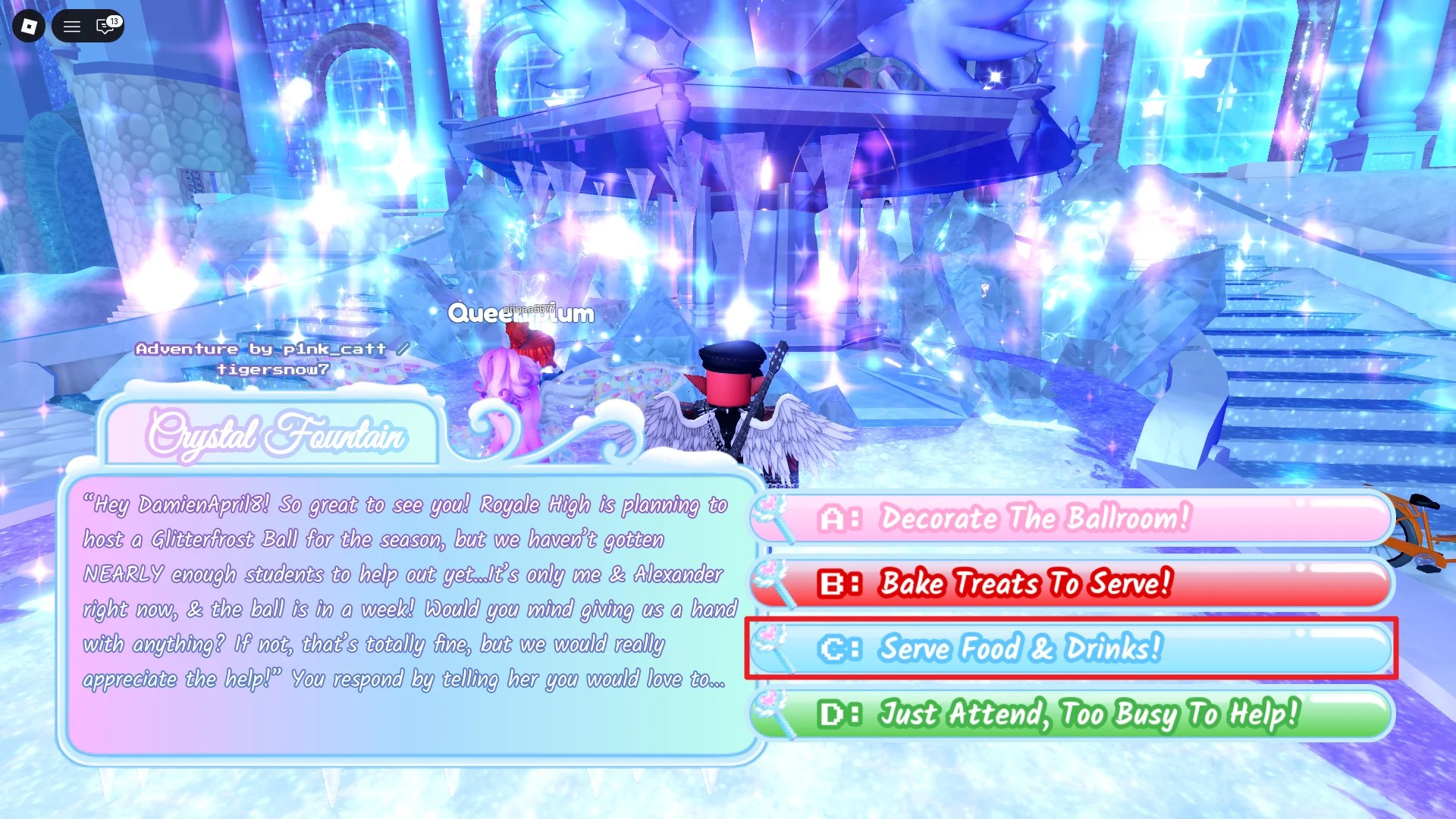 An example of one of the correct Royale High Glitterfrost 2025 Halo answers required to have a chance of obtaining the Wishing Star Woods Halo in Royale High Roblox experience.