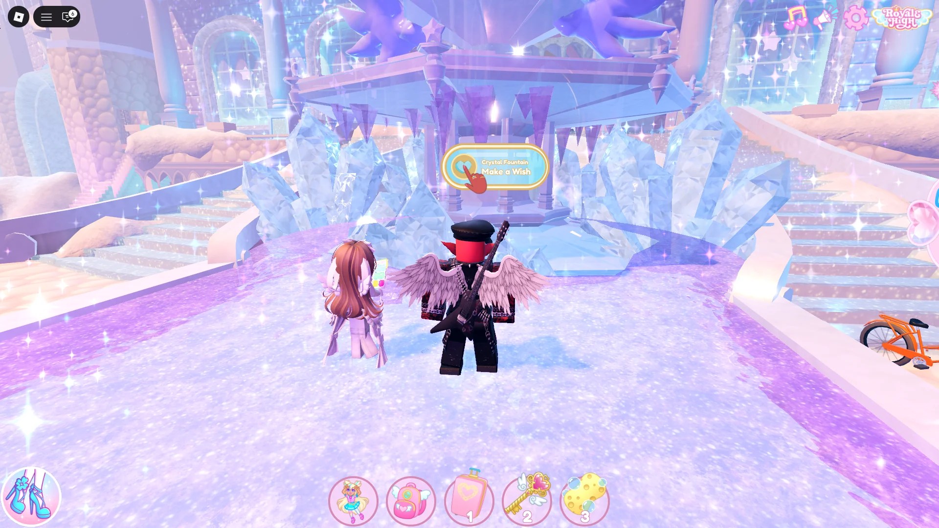 A player standing next to the Crystal Fountain from which one can obtain the Glitterfrost 2025 Halo in the Royale High Roblox experience.