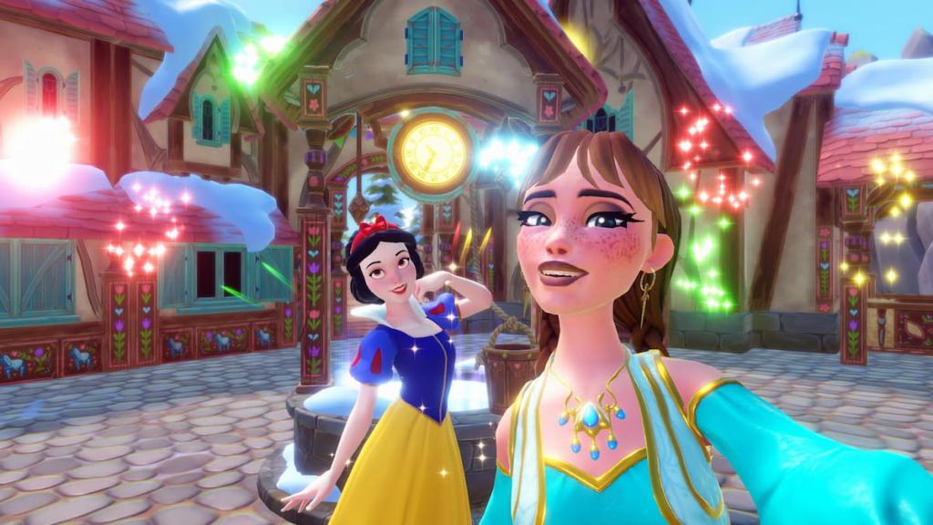 Taking selfie with snow white in disney dreamlight valley