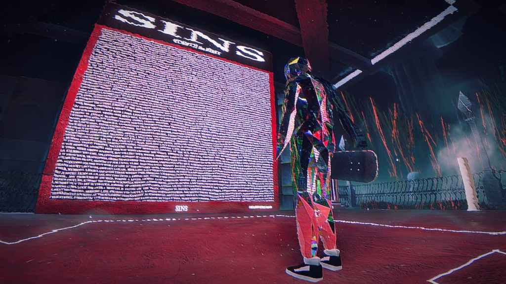 The protagonist of Skate Story in front of the wall of sins.