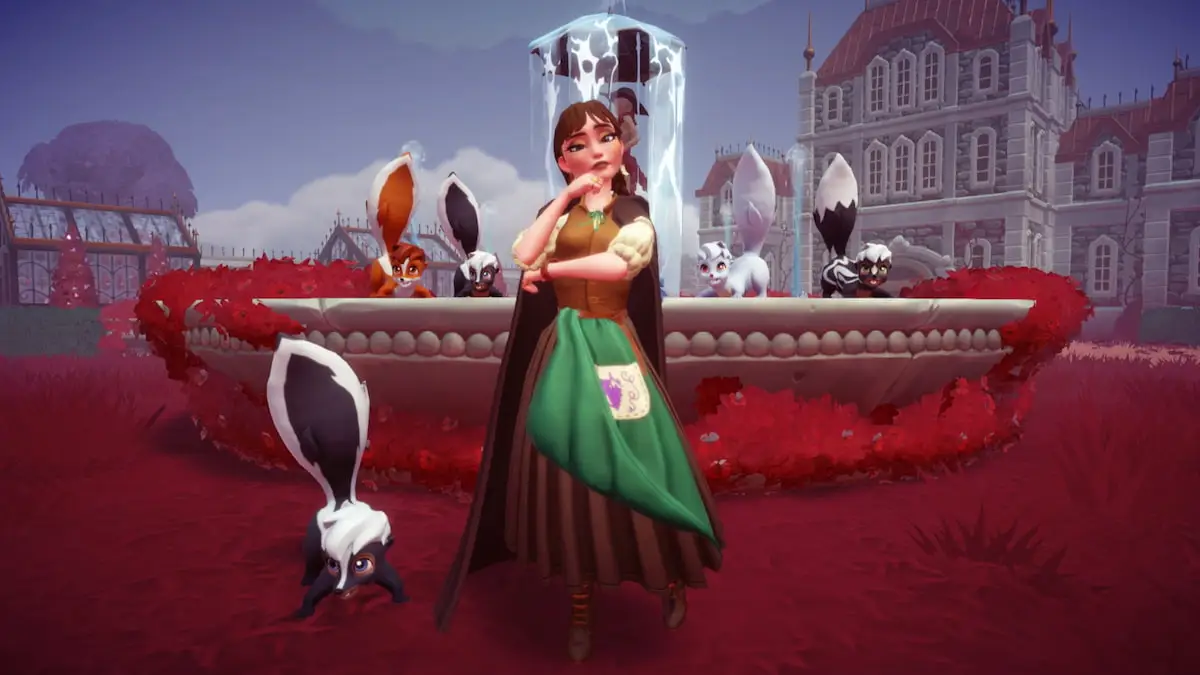 Standing in front of a fountain surrounded by skunks in disney dreamlight valley